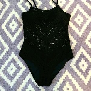 Black Crochet Lace One Piece Swimsuit
